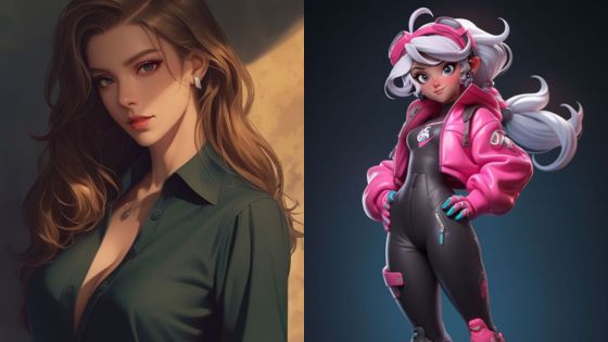 A realistic woman with long hair and a cartoon girl in a pink jacket side by side, showcasing character diversity.