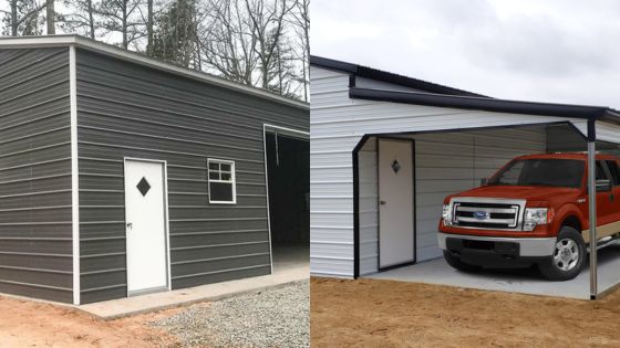 Modern metal storage shed and carport with red truck parked under partial shelter.