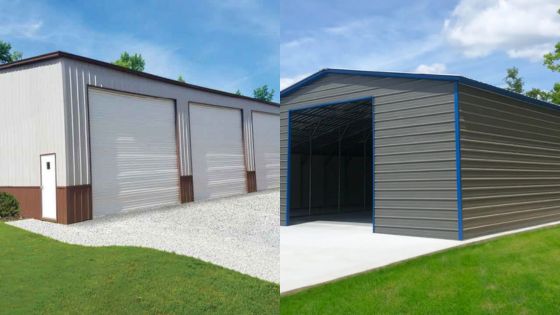 Metal garages with large doors and blue sky background, showcasing durable storage solutions and sleek designs.