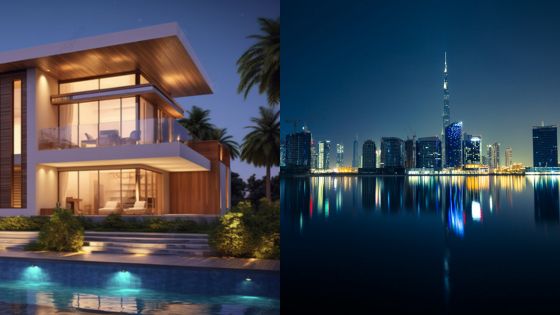 Modern luxury villa with a pool next to a night city skyline reflecting in the water.