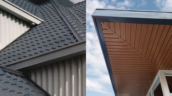 Modern steel and wood roofing designs under blue sky, showcasing architectural elegance and innovative construction.