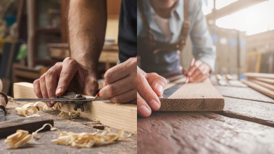 Close-up of hands crafting wood with precision tools in a workshop, showcasing woodworking skills and carpentry expertise.