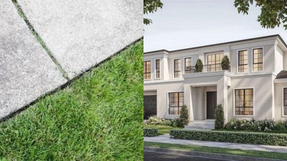 Modern luxury home with manicured lawn and precise concrete path, showcasing elegant exterior architecture.