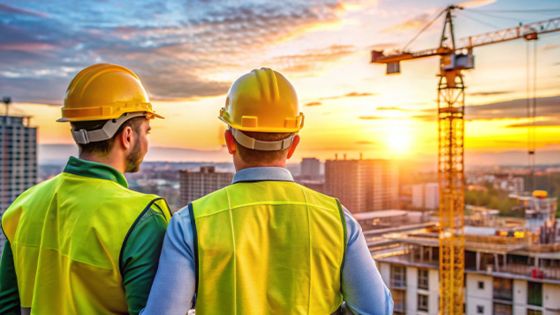 Construction workers in safety gear oversee building site during sunset, with cranes and city skyline in the background.