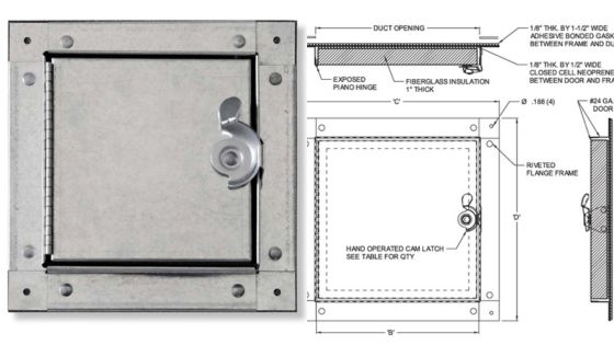 Metal duct access door with hand-operated cam latch, insulation, and detailed design specifications.