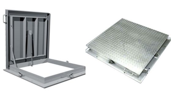 Metallic access hatch doors open and closed, showcasing durable construction for utility and maintenance access.