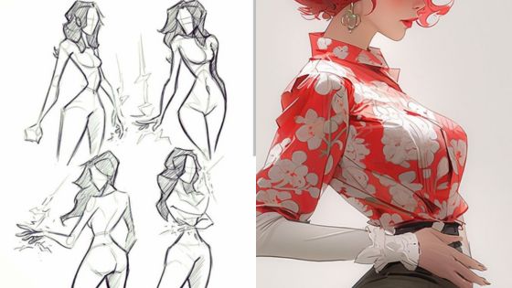 Sketches of a stylized woman on the left; detailed illustration of a woman in floral red shirt on the right.