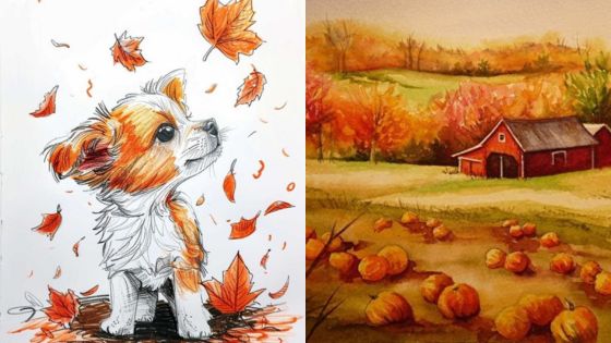 Cute puppy with autumn leaves and a scenic fall landscape featuring pumpkins and a red barn.