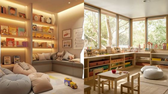 Modern children's playroom with cozy reading nook, toys, and natural light from large windows.