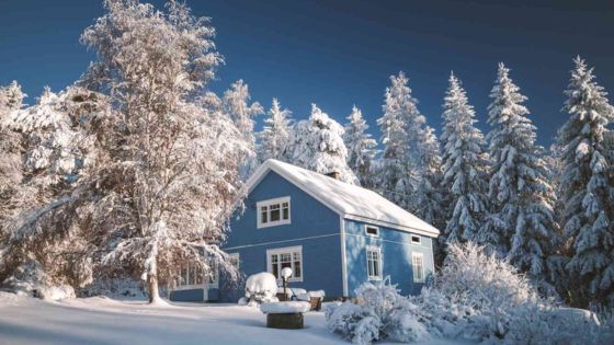 Blue house amidst snowy landscape with frosted trees under a clear blue sky.