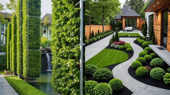 Modern landscaped garden with manicured shrubs, green lawn, winding path, waterfall, and contemporary architecture.