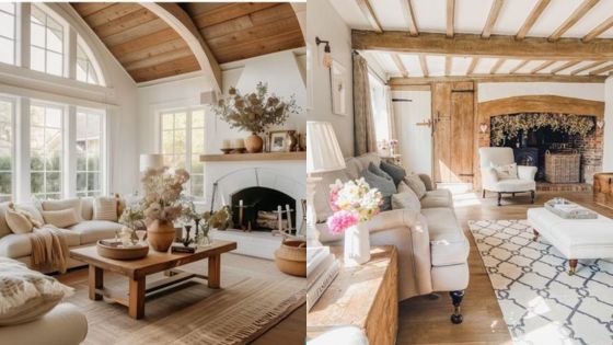 Cozy living rooms with rustic decor, wooden beams, and natural light create a warm and inviting ambiance.