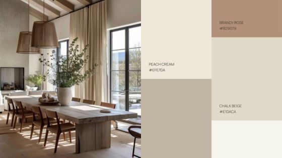 Modern dining room with neutral color palette: Peach Cream, Brandy Rose, and Chalk Beige. Warm and inviting design.