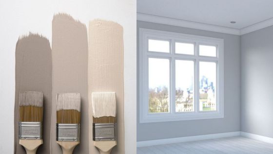 Three paintbrushes with neutral shades next to an empty room with large windows and gray walls.