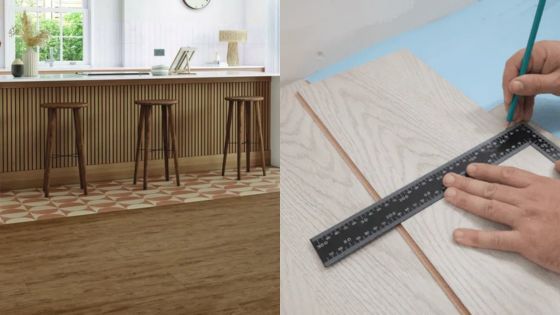 Modern kitchen with bar stools next to a wooden floor design process, featuring precise measuring and cutting tools.