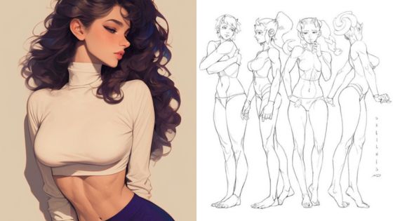 Illustrated female character with detailed anatomy sketch and side view, showcasing fashion and artistic design elements.