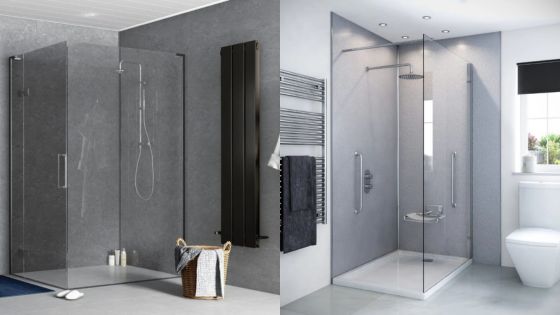 Modern glass shower enclosures in sleek bathrooms with gray tiles and minimalist design.