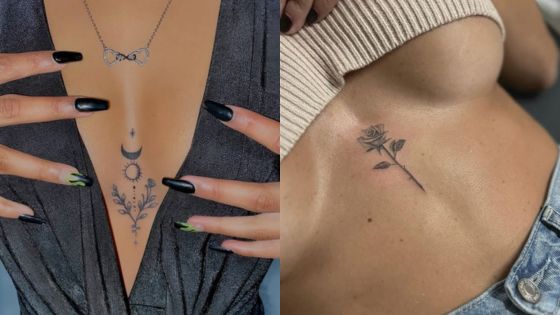 Two minimalist tattoos: left, a moon with floral design on the chest; right, a rose tattoo on the left side torso.