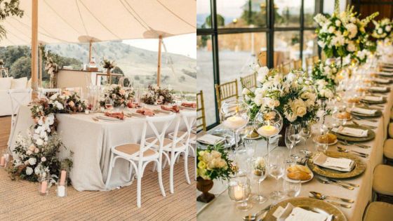 Elegant outdoor and indoor wedding table setups with floral centerpieces and fine dining settings.