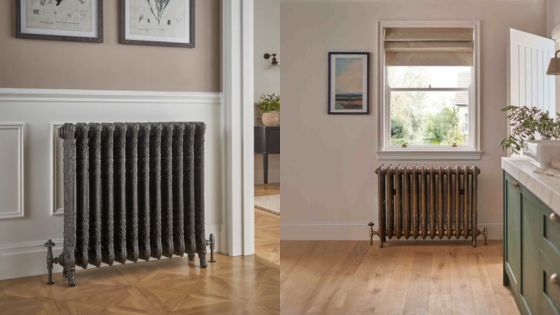 Vintage-style cast iron radiators in elegantly decorated home interiors.