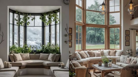 Cozy living spaces with large windows, plants, and comfortable seating showcasing modern interior design.