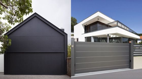 Modern black garage doors on minimalist buildings, showcasing sleek architectural design and contemporary style.