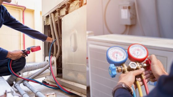 Technician servicing air conditioning unit with gauges and tools for maintenance and repair.