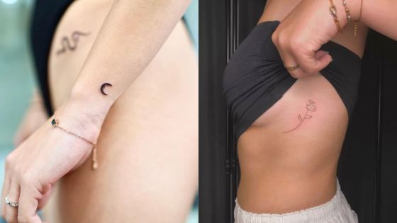 Minimalistic tattoos on arm and side showing a crescent moon and delicate script design.