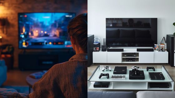 A person playing video games at home, gaming setup with consoles and a large screen TV.