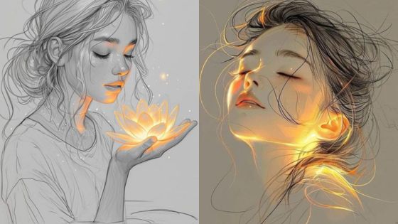 Digital art of two women with glowing elements; one holding a radiant lotus, the other basking in warm light.