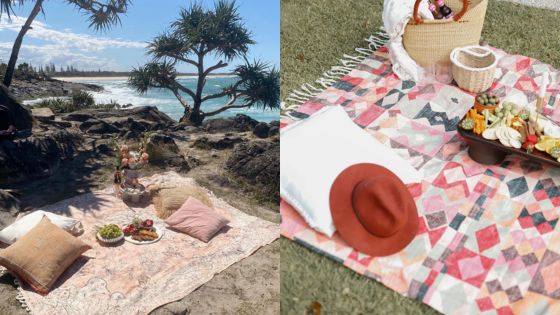 Beach and garden picnic setups with blankets, pillows, baskets, and snacks, offering serene outdoor relaxation.