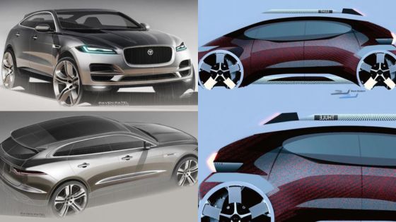 Car design sketches showcasing innovative SUV concepts with sleek lines and futuristic features.