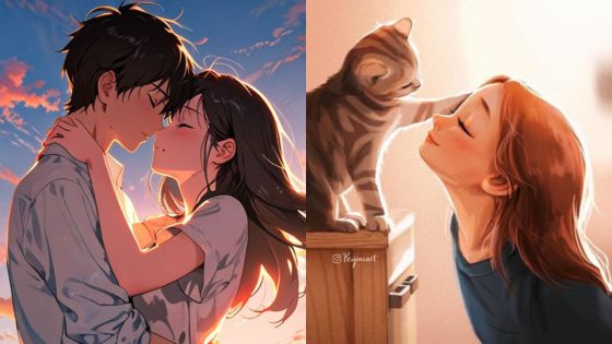 Anime couple embracing at sunset and a girl with a cat touching noses; serene and heartwarming moments.