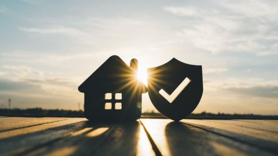 Silhouette of a house and shield with checkmark against sunset, symbolizing home protection and security.