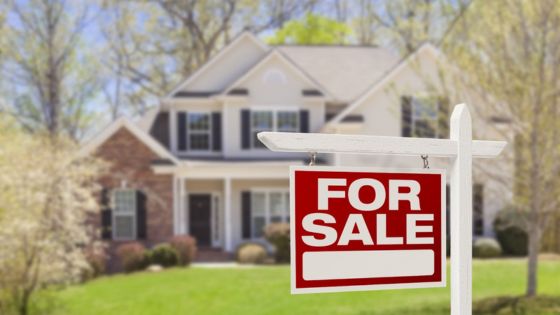 For sale sign in front of a beautiful suburban home, surrounded by trees in spring, indicating available real estate.