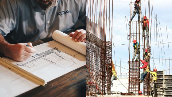 Architect drawing plans; construction workers building on-site with steel structures in the background.