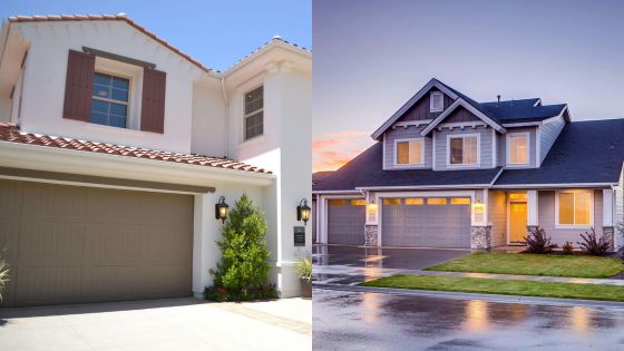 Side-by-side comparison of two modern house exteriors with garages, showcasing different architectural styles.