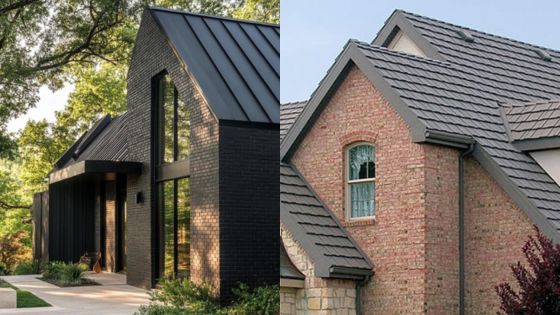 Contemporary black brick house and rustic brick home with modern roof designs amidst lush greenery.