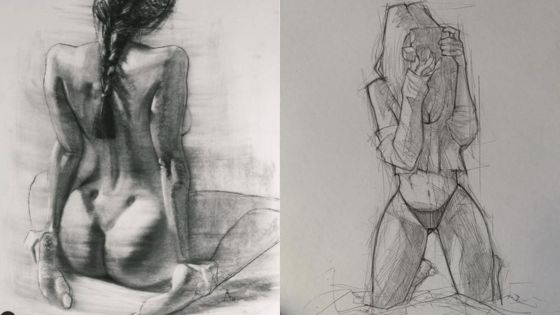 Charcoal sketches of two women, one seated from behind and the other standing, showcasing artistic anatomy studies.