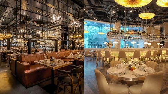 Modern restaurant interiors with cozy seating and elegant lighting, showcasing a stylish dining atmosphere.