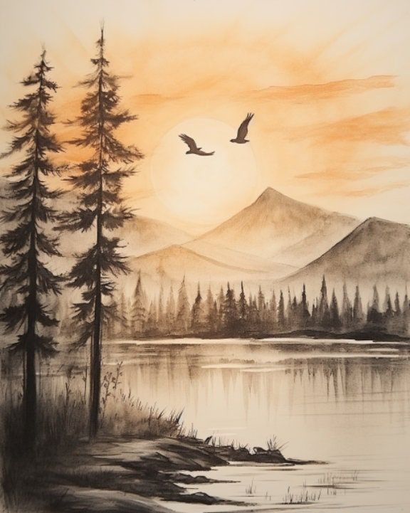 Serene mountain landscape at sunset with birds flying over a tranquil lake and tall pines in the foreground.