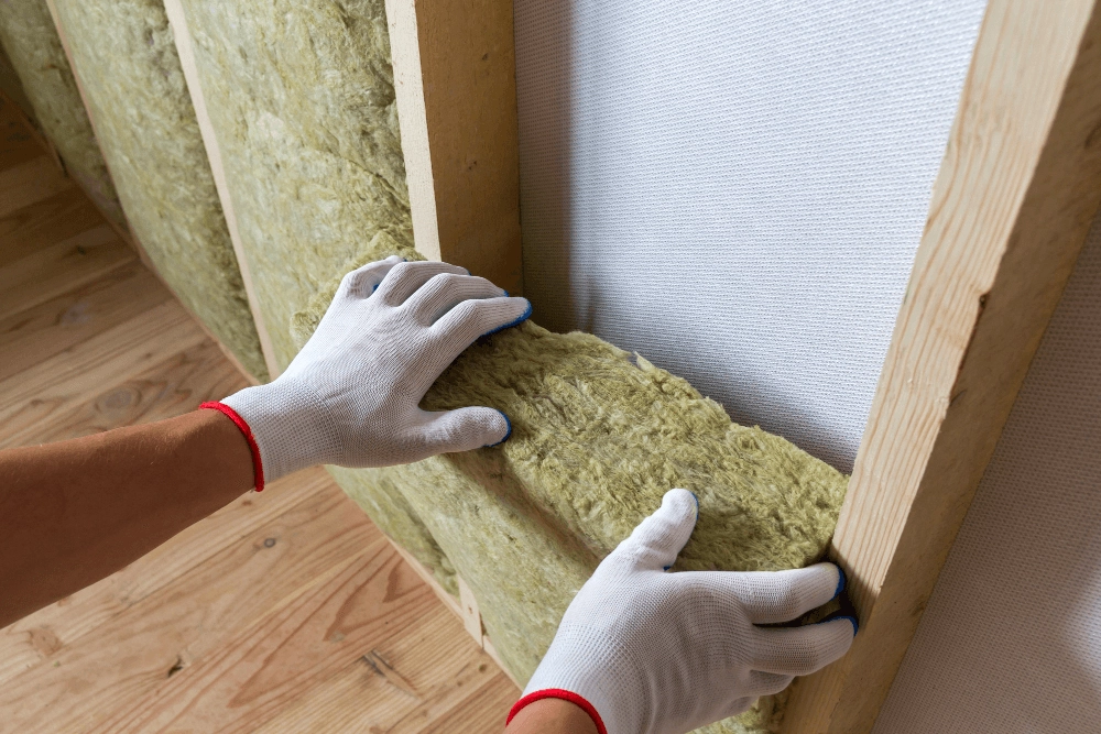 Worker installing mineral wool insulation in wooden wall frame for energy efficiency.