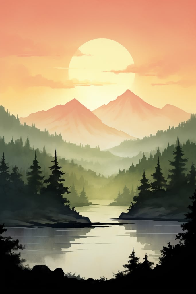 Scenic mountain sunrise with a tranquil lake and pine trees in the foreground, warm colors filling the sky.