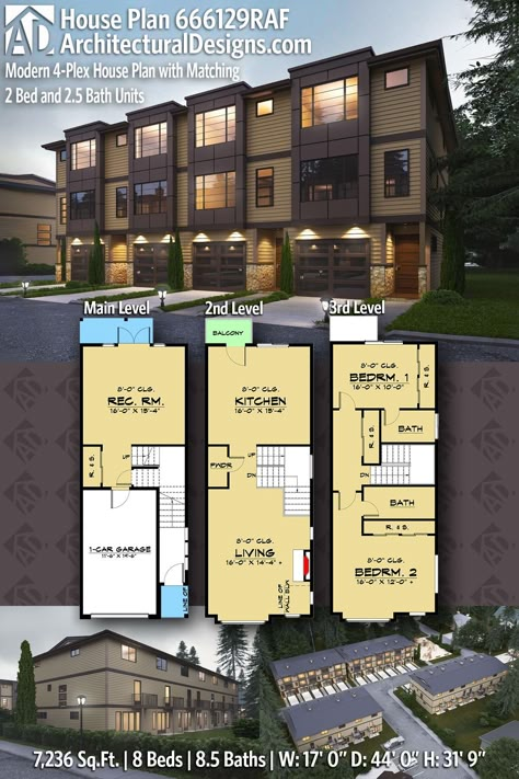 Architectural design of a modern 4-plex house plan, featuring layouts with 2 bedrooms and 2.5 bathrooms.