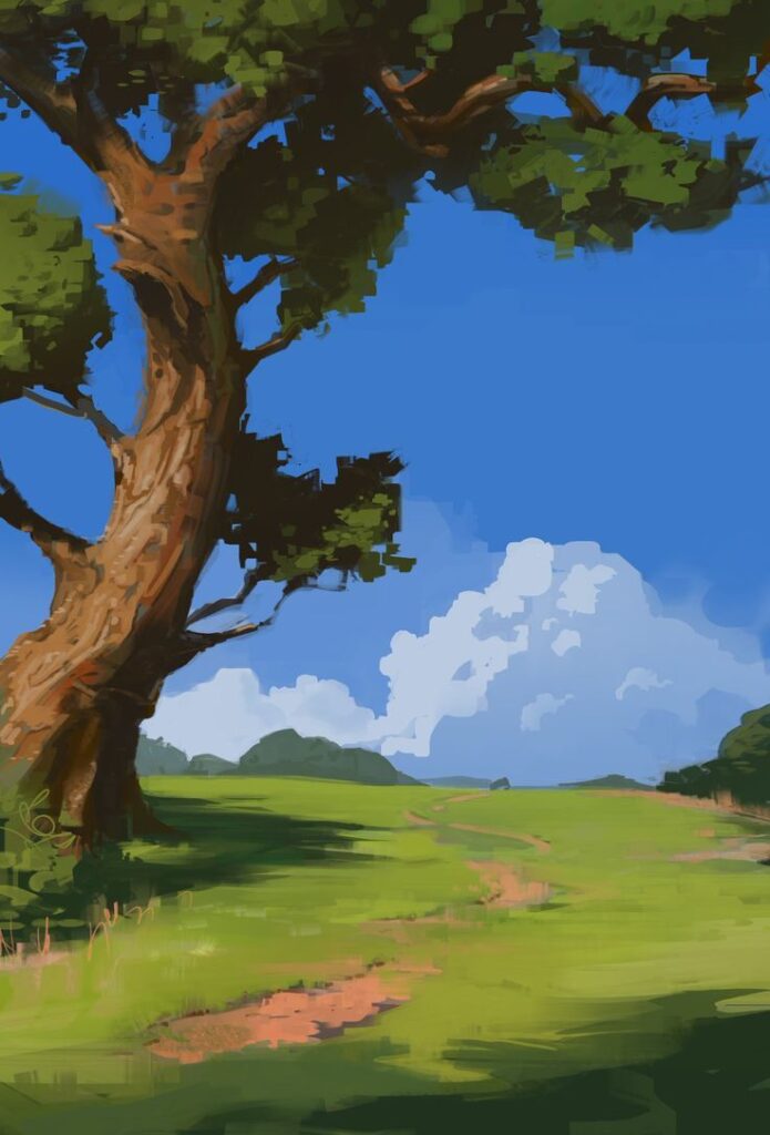 Digital painting of a tree in a green field under a blue sky with clouds, conveying serenity and nature's beauty.