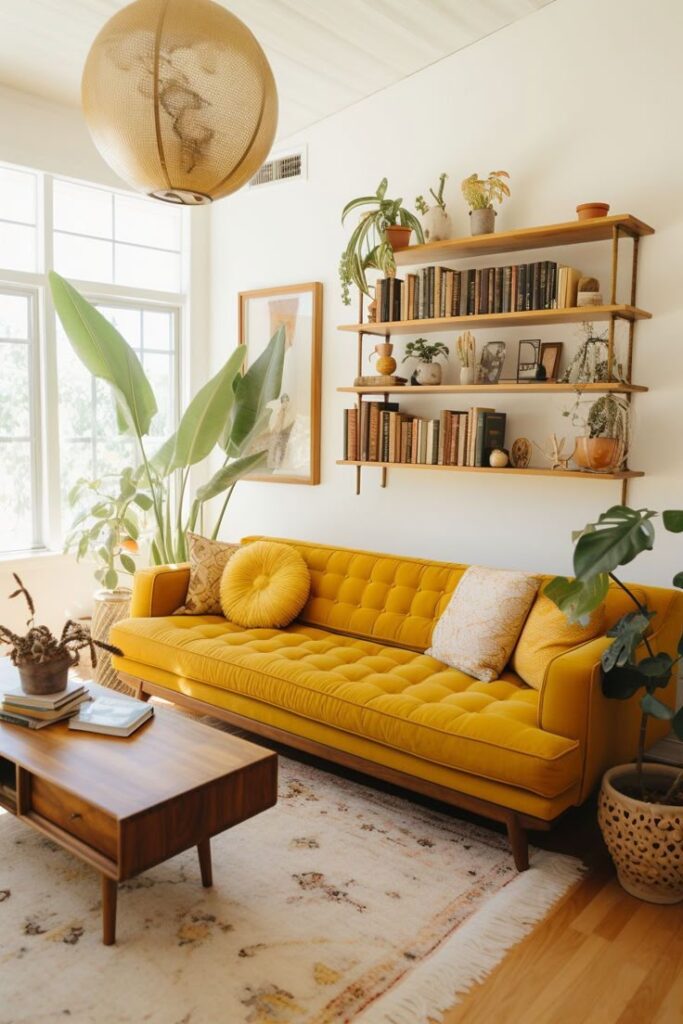 Bright living room with yellow sofa, plants, bookshelves, and globe lantern for a cozy, modern vibe.