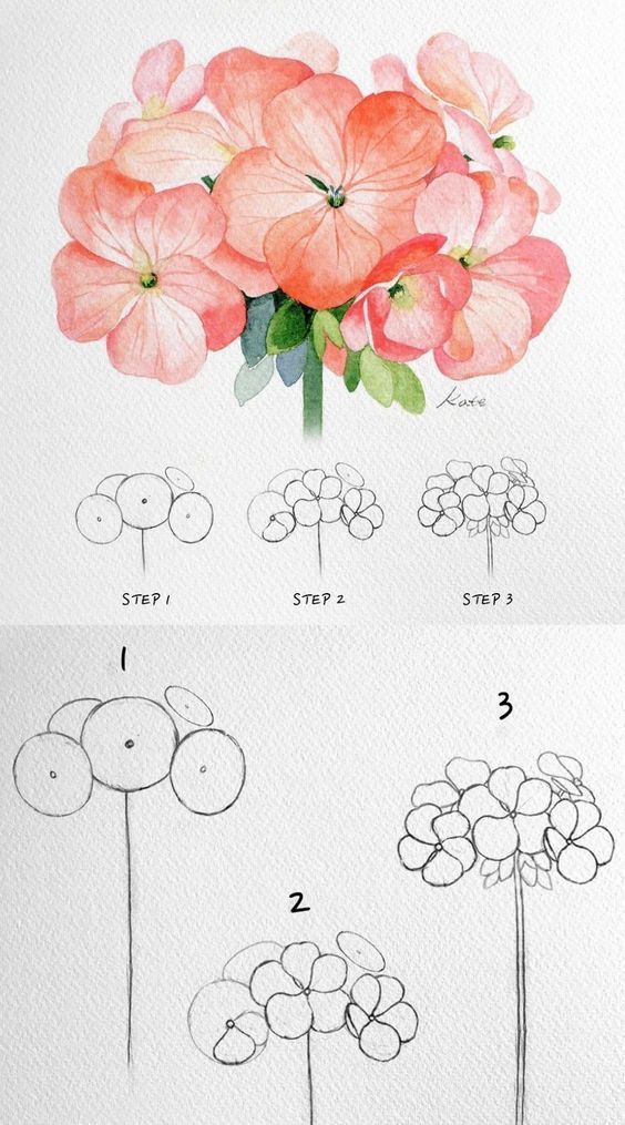 Watercolor flower drawing tutorial with step-by-step guide, showing the process of painting a vibrant pink floral bouquet.