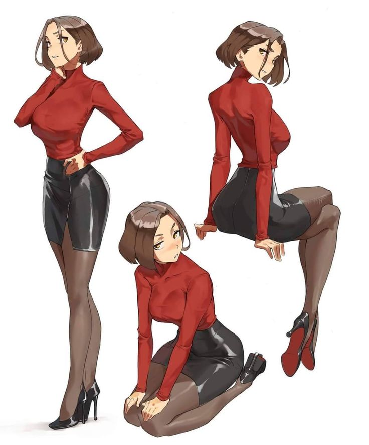 Anime girl in red top and black skirt in various poses, showcasing fashion style and confident expression.