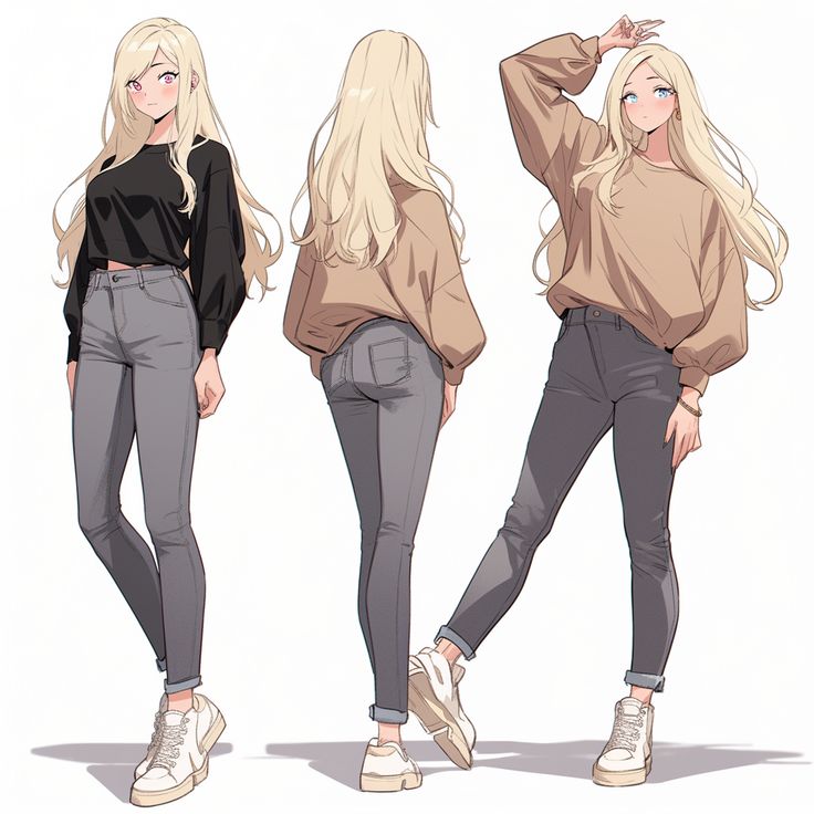 Anime-style character in casual outfits, showcasing front and back views with long blonde hair and stylish poses.