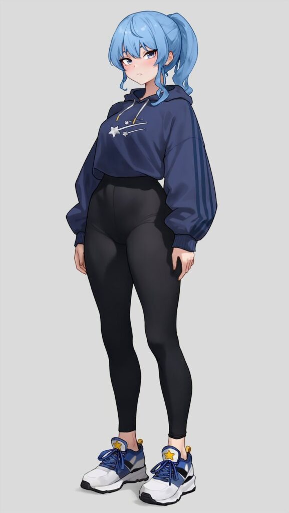 Anime character with blue hair, wearing a starry hoodie and sneakers, and black leggings.